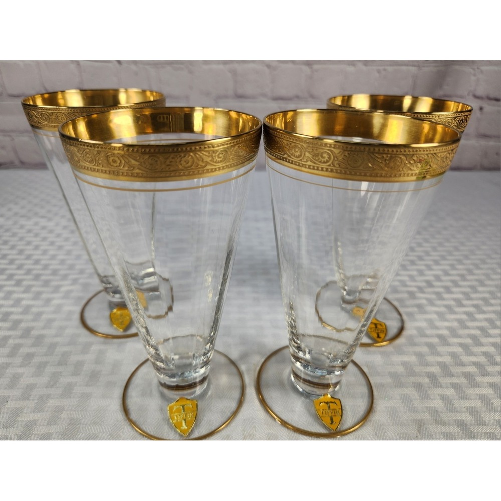 Tiffin 1930s-40s Valencia Gold Trim Optic Paneled  Glasses, Vintage Set Of 4